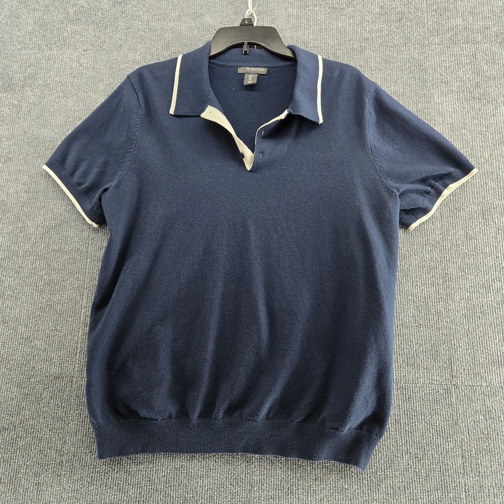 Marconi Men's Navy‎ White Knit Polo Shirt Size L